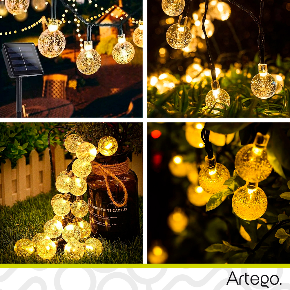 Luces de navidad solares 100 led esferas bola cristal copo de nieve snowflake style 8 modos de uso para exteriores Guirnalda de luces Amarillo