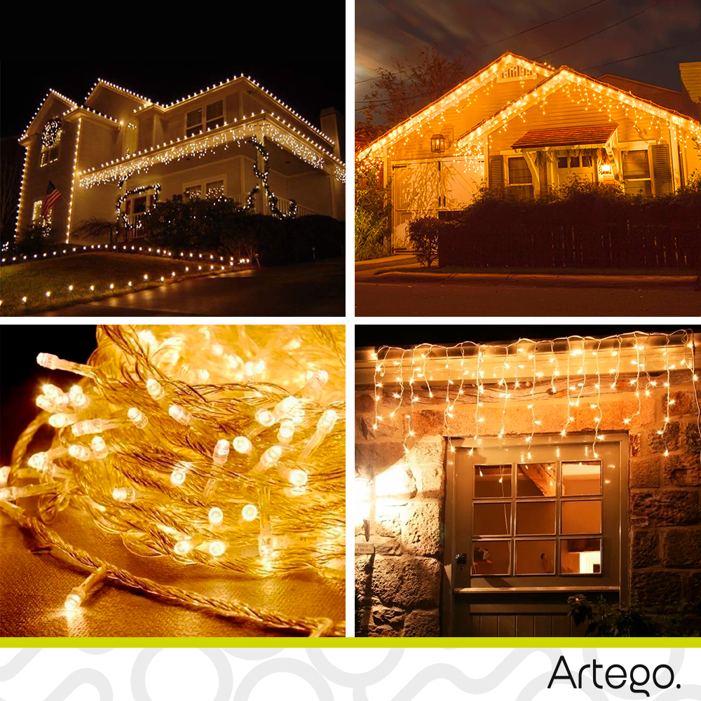 Luces Serie de Navidad tipo cascada 192 LED 5m cable transparente interior/exterior 8 modos de uso con temporizador Artego Decoración Navidad eventos bodas LED Christmas string icicle lights Cálida .