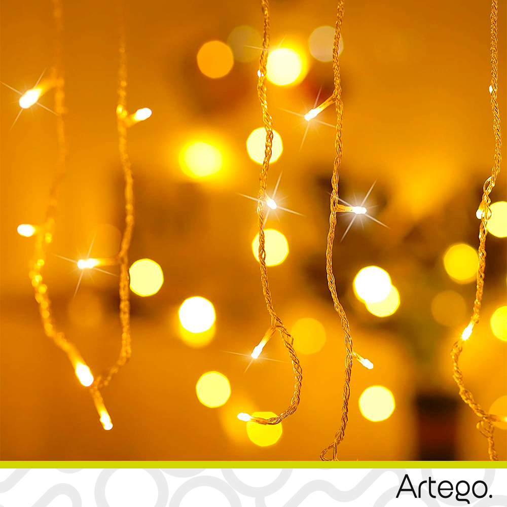 Luces Serie de Navidad tipo cascada 192 LED 5m cable transparente interior/exterior 8 modos de uso con temporizador Artego Decoración Navidad eventos bodas LED Christmas string icicle lights Cálida .