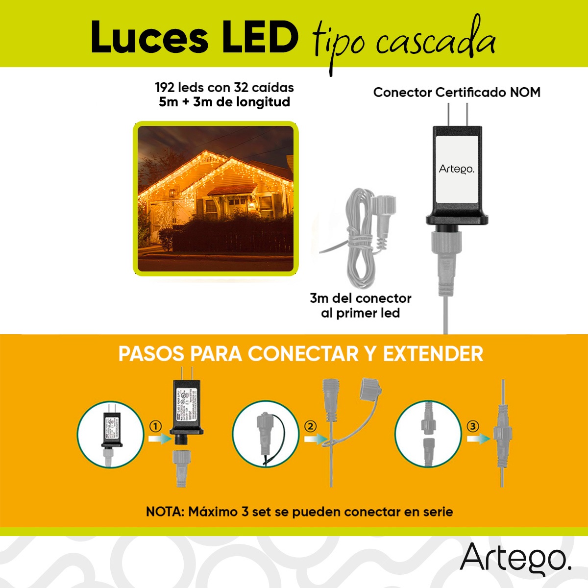 Luces Serie de Navidad tipo cascada 192 LED 5m cable transparente interior/exterior 8 modos de uso con temporizador Artego Decoración Navidad eventos bodas LED Christmas string icicle lights Cálida .