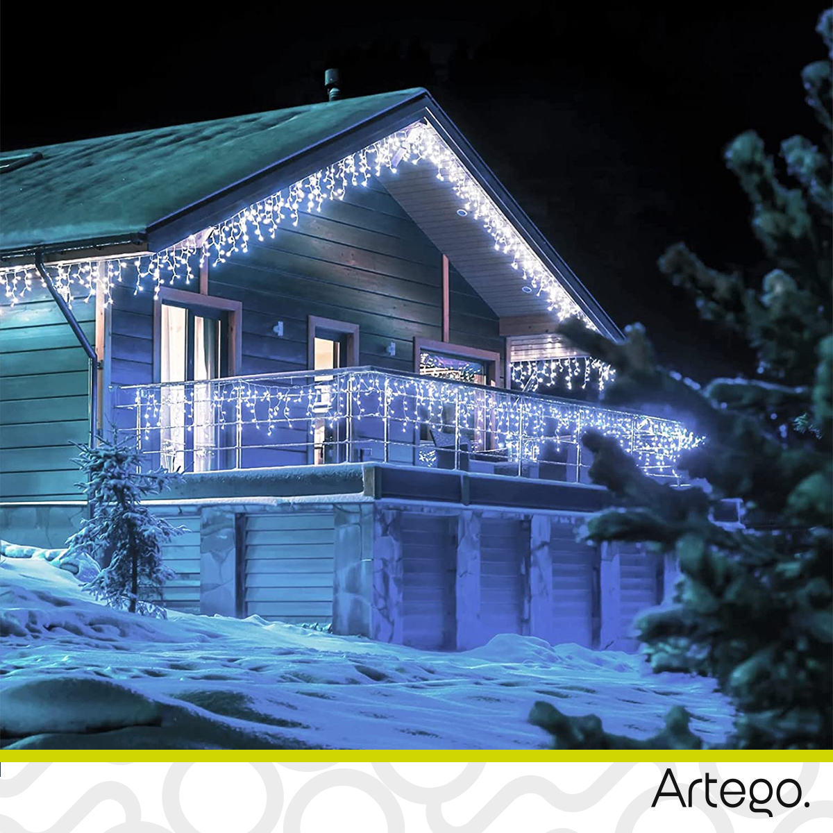 Luces Serie de Navidad tipo cascada 192 LED 5m cable transparente interior/exterior 8 modos de uso con temporizador Artego Decoración Navidad eventos bodas LED Christmas string icicle lights Blanca
