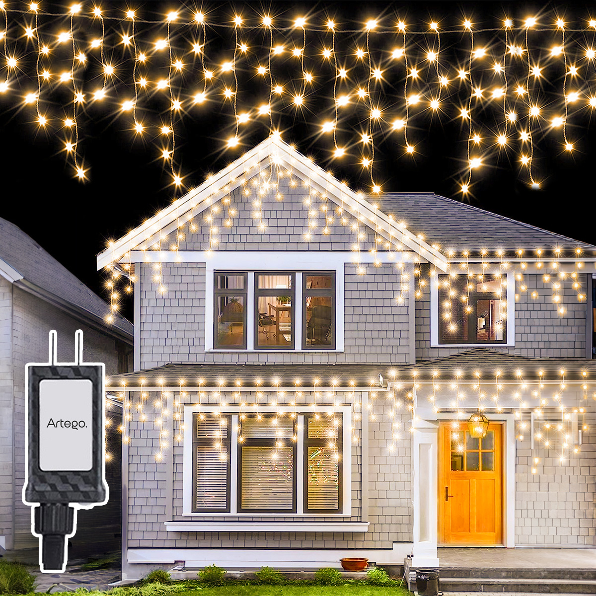 Luces Serie de Navidad tipo cascada 192 LED 5m cable transparente interior/exterior 8 modos de uso con temporizador Artego Decoración Navidad eventos bodas LED Christmas string icicle lights Cálida .