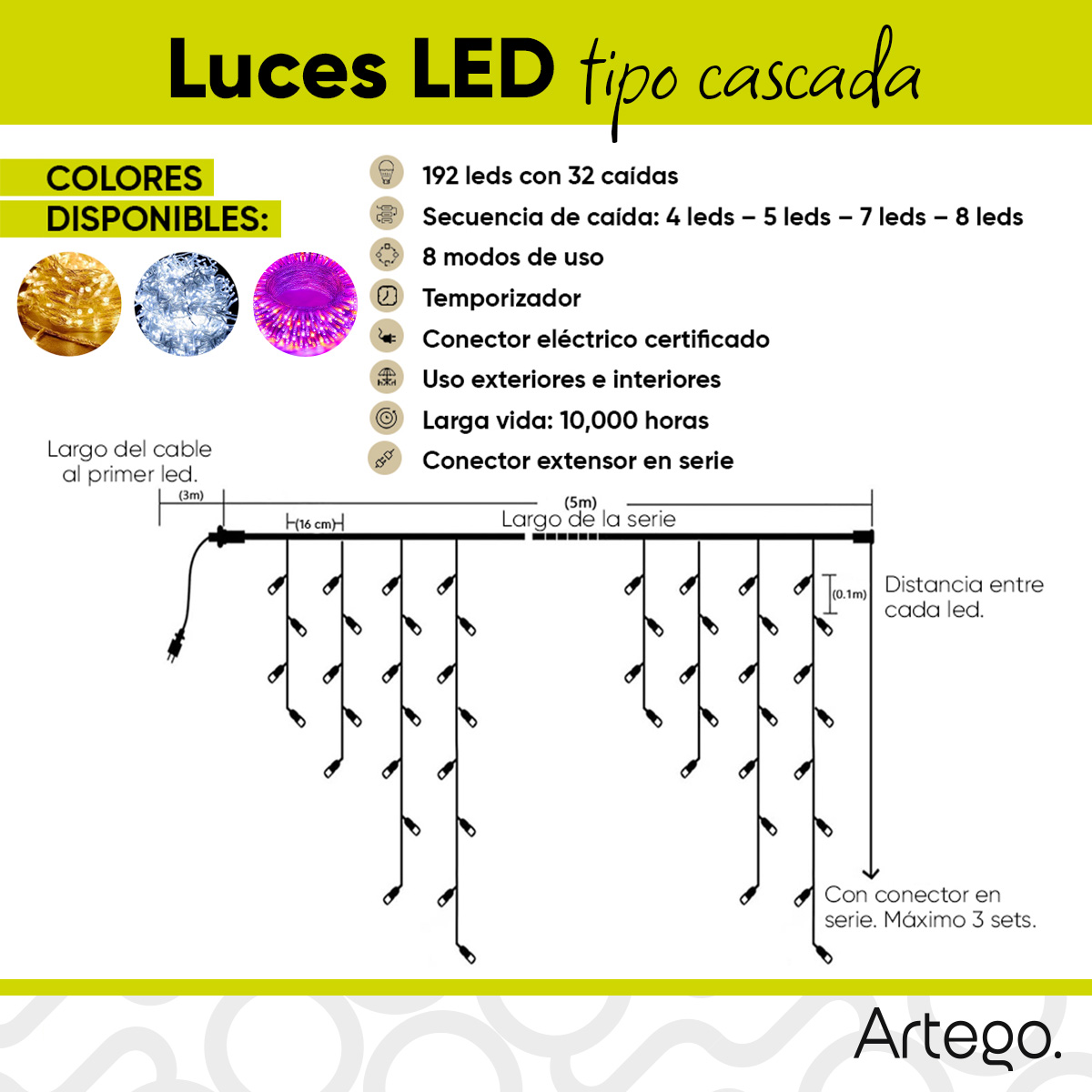 Luces Serie de Navidad tipo cascada 192 LED 5m cable transparente interior/exterior 8 modos de uso con temporizador Artego Decoración Navidad eventos bodas LED Christmas string icicle lights Cálida .