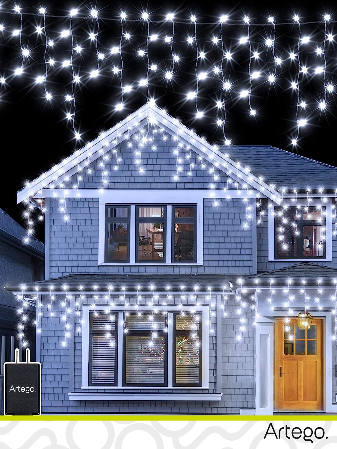 Luces Serie de Navidad tipo cascada 192 LED 5m cable transparente interior/exterior 8 modos de uso con temporizador Artego Decoración Navidad eventos bodas LED Christmas string icicle lights Blanca