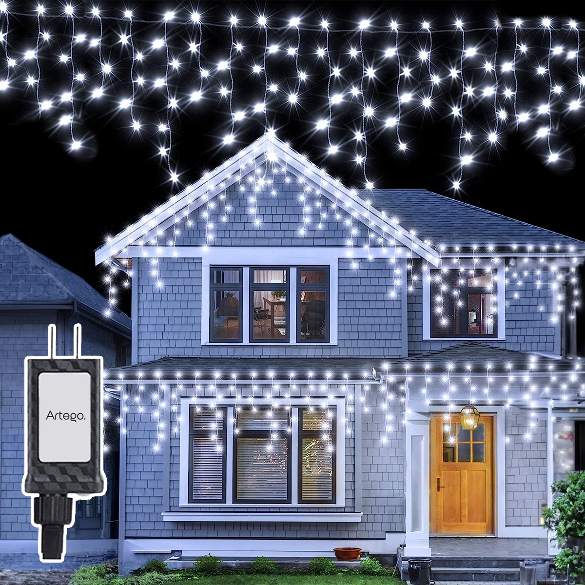 Luces Serie de Navidad tipo cascada 192 LED 5m cable transparente interior/exterior 8 modos de uso con temporizador Artego Decoración Navidad eventos bodas LED Christmas string icicle lights Blanca