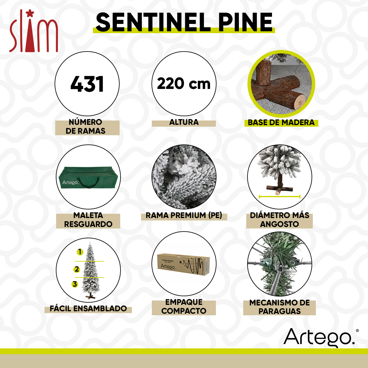 Árbol De Navidad Nevado Sentinel pine Slim tipo lápiz Ramas Premium Pino Navideño 220 Cm De Alto con base de madera real y maleta transportadora Artego