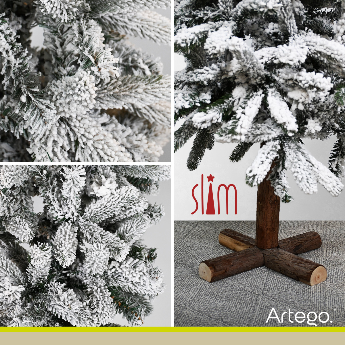 Árbol De Navidad Nevado Sentinel pine Slim tipo lápiz Ramas Premium Pino Navideño 220 Cm De Alto con base de madera real y maleta transportadora Artego