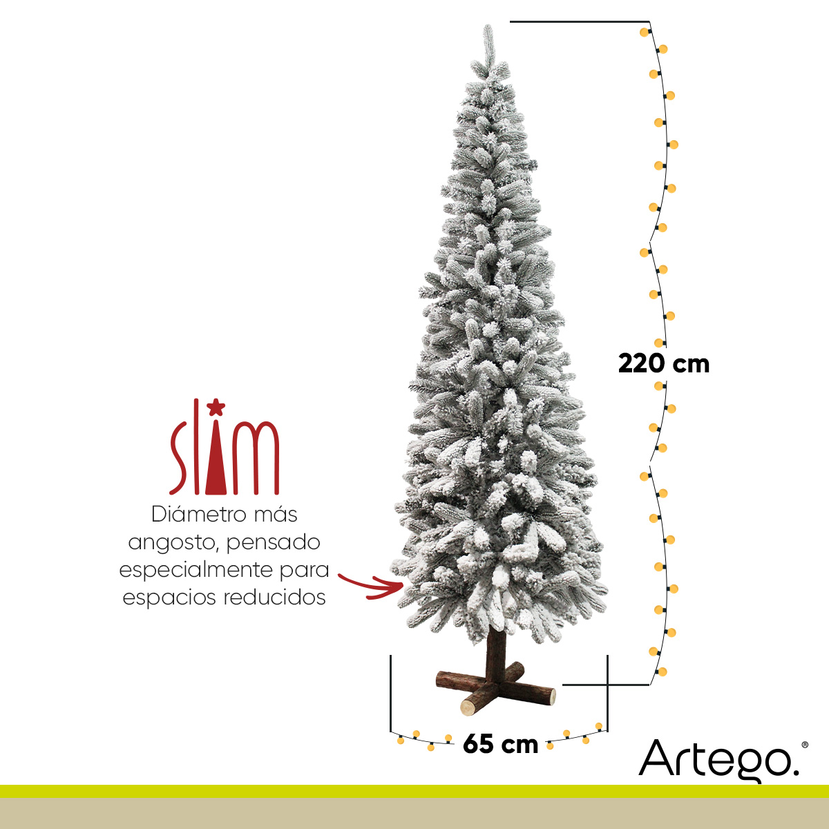 Árbol De Navidad Nevado Sentinel pine Slim tipo lápiz Ramas Premium Pino Navideño 220 Cm De Alto con base de madera real y maleta transportadora Artego