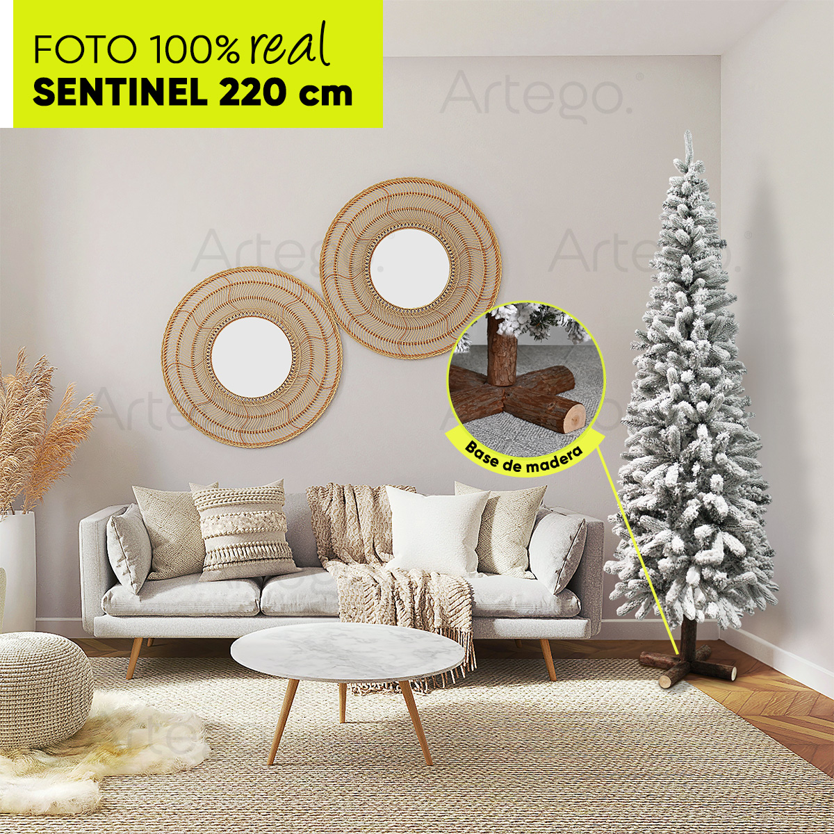 Árbol De Navidad Nevado Sentinel pine Slim tipo lápiz Ramas Premium Pino Navideño 220 Cm De Alto con base de madera real y maleta transportadora Artego