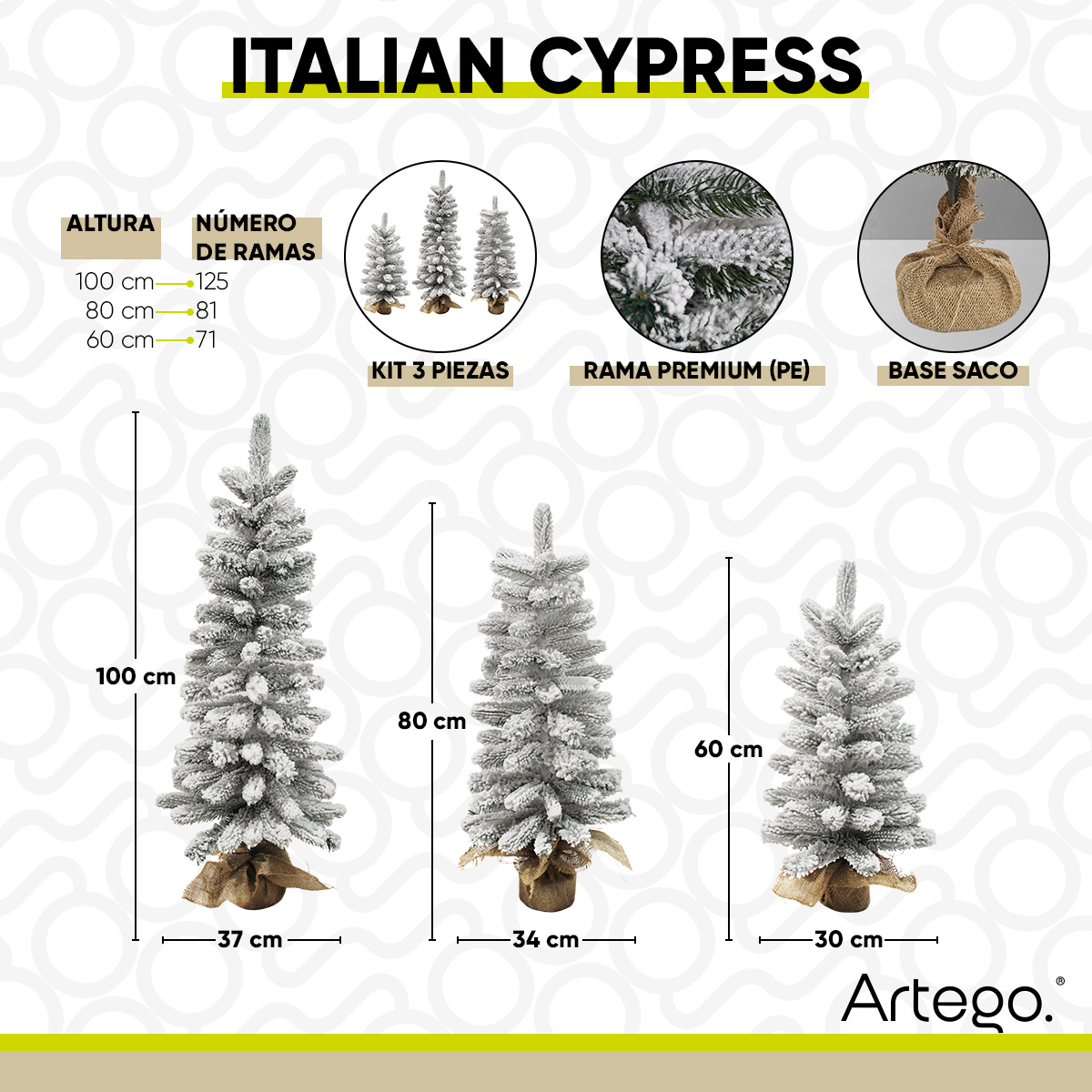 Árboles De Navidad Set de 3 piezas kit Nevado Italian Cypress Ramas Premium Set Christmas Trees Decoración navideña centro de mesa Artego
