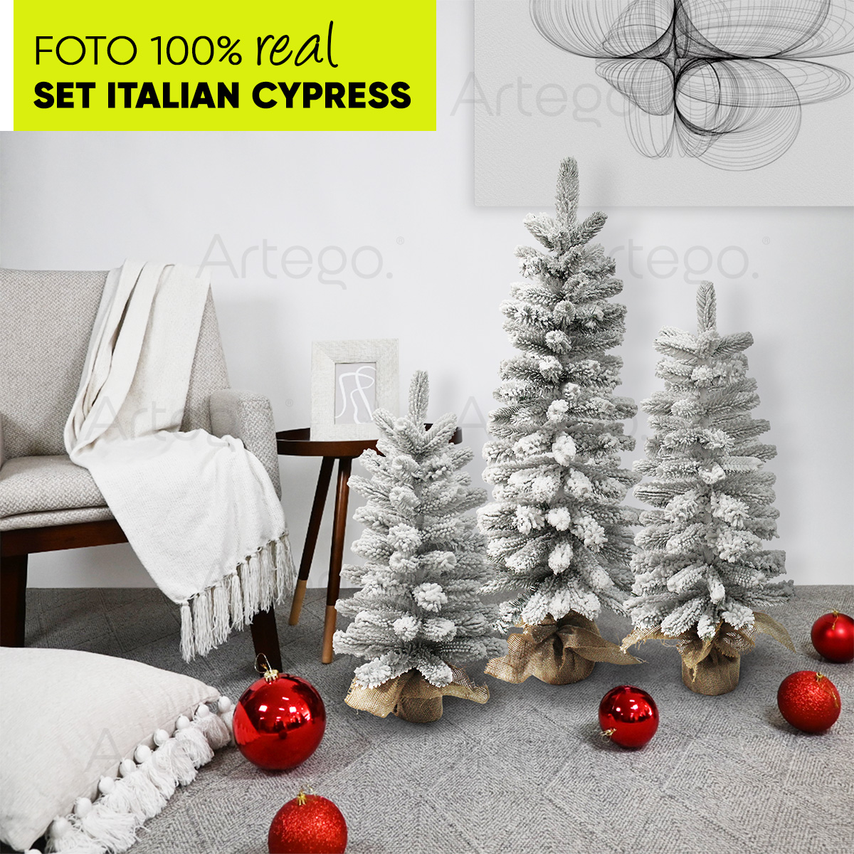 Árboles De Navidad Set de 3 piezas kit Nevado Italian Cypress Ramas Premium Set Christmas Trees Decoración navideña centro de mesa Artego