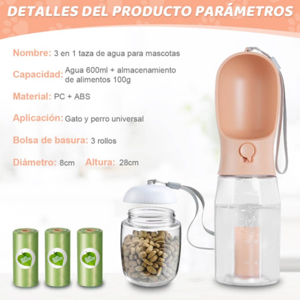 Bebedero Para Perro Portátil 600 ml Con Bolsa De Basura*3 Rosa/Transparente