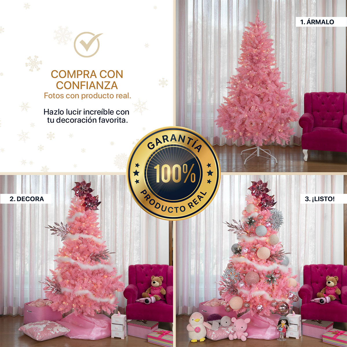 Árbol de Navidad Rosa Pino Navideño 1.8m 1200 Ramas - Rosa para ESQUIMAL