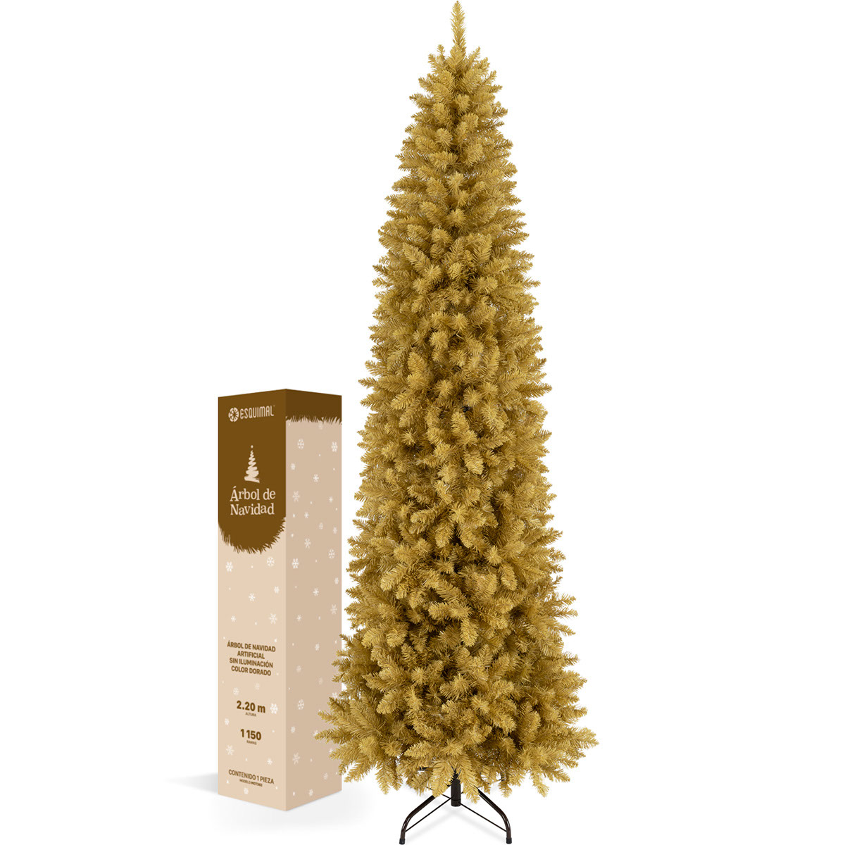 Árbol de Navidad Tipo Lápiz 2.2m Pino Navideño - Dorado para ESQUIMAL