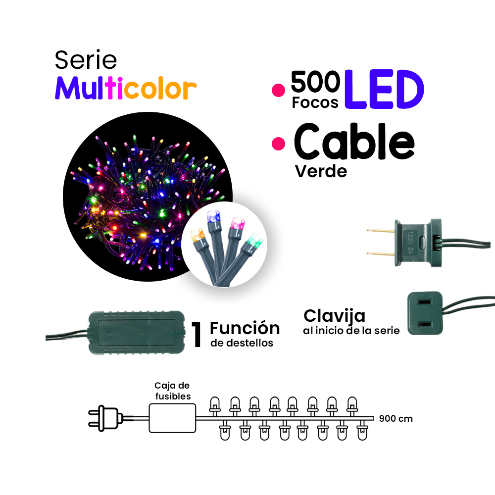 Serie Navideña 500 Led V3 Multicolor Funciones Destello 9 Mt