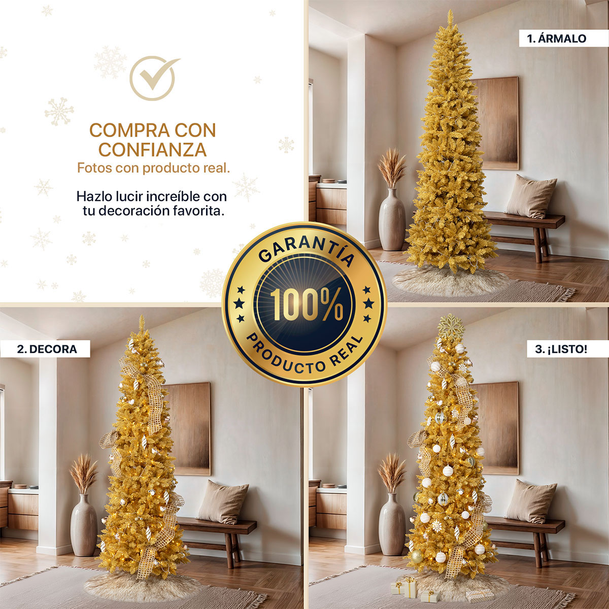 Árbol de Navidad Tipo Lápiz 1.8m 700 Ramas Pino para Temporada Navideña. (Dorado)  ESQUIMAL