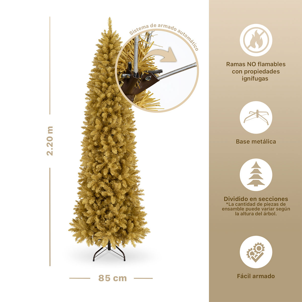 Árbol de Navidad Tipo Lápiz 2.2m Pino Navideño - Dorado para ESQUIMAL