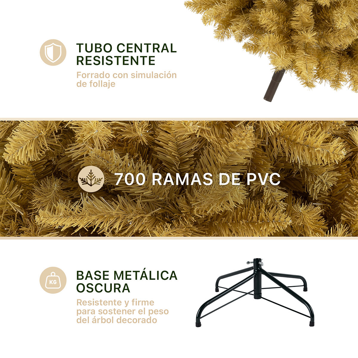 Árbol de Navidad Tipo Lápiz 1.8m 700 Ramas Pino para Temporada Navideña. (Dorado)  ESQUIMAL