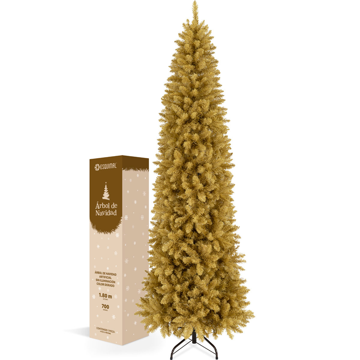 Árbol de Navidad Tipo Lápiz 1.8m 700 Ramas Pino para Temporada Navideña. (Dorado)  ESQUIMAL