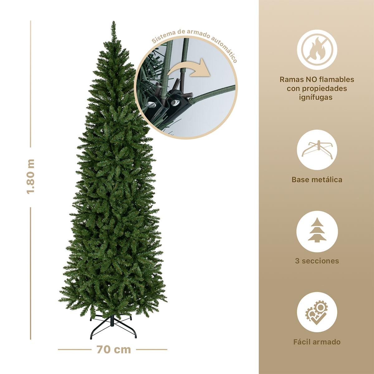 Árbol de Navidad Tipo Lápiz 1.8m Pino Navideño - Verde Oliva para ESQUIMAL