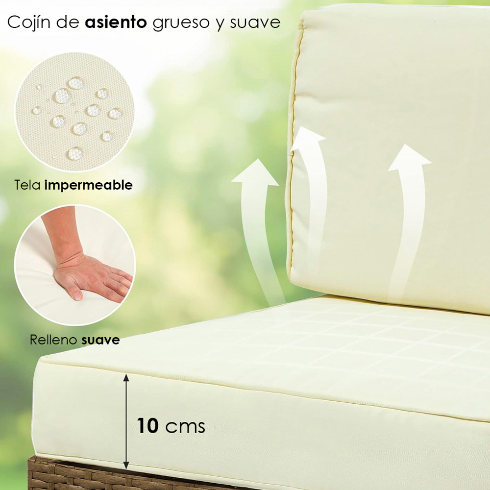 Ilios Innova Juego de sala esquinera para jardín de mimbre exteriores para 6 Beige incluye 3 sofás para exterior con cojines impermeables y 1 mesa centro de cristal templado