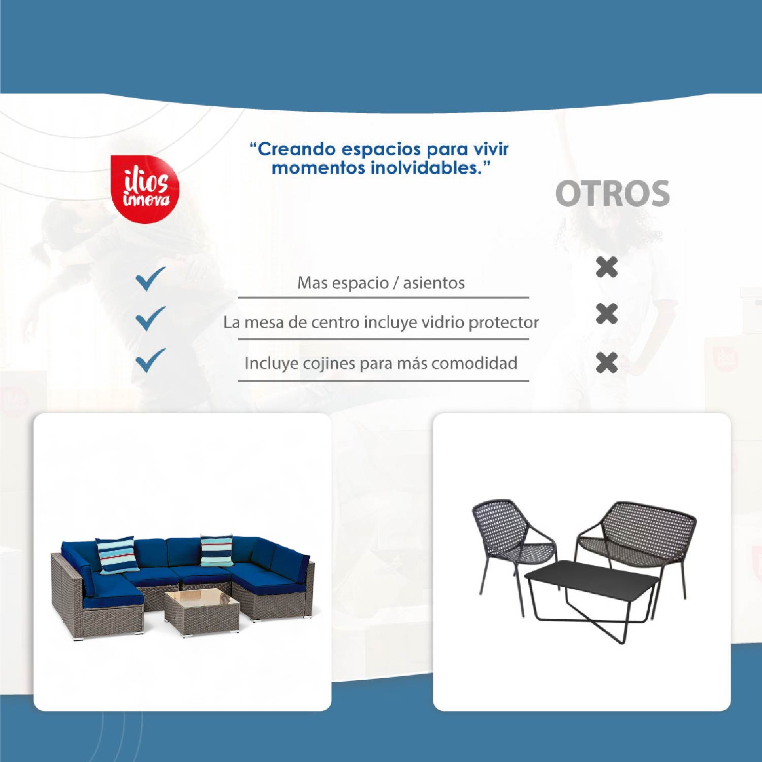 Ilios Innova Juego de sala esquinera para jardín de mimbre exteriores para 6 Beige incluye 3 sofás para exterior con cojines impermeables y 1 mesa centro de cristal templado