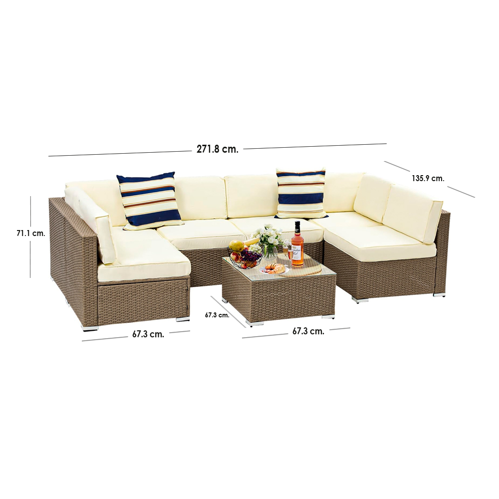Ilios Innova Juego de sala esquinera para jardín de mimbre exteriores para 6 Beige incluye 3 sofás para exterior con cojines impermeables y 1 mesa centro de cristal templado