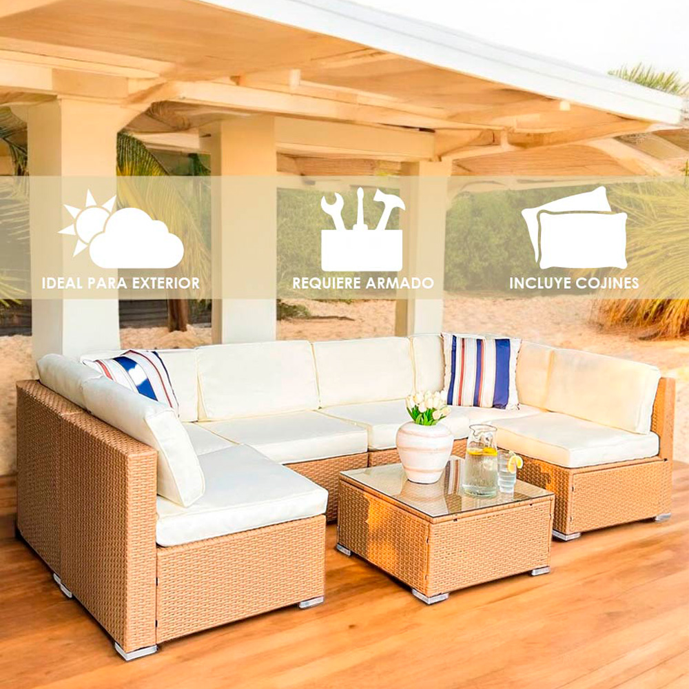 Ilios Innova Juego de sala esquinera para jardín de mimbre exteriores para 6 Beige incluye 3 sofás para exterior con cojines impermeables y 1 mesa centro de cristal templado