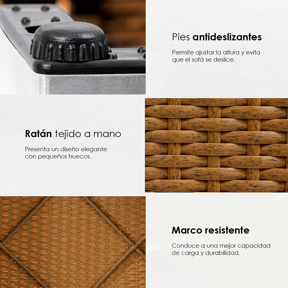 Ilios Innova Juego de sala esquinera para jardín de mimbre exteriores para 6 Beige incluye 3 sofás para exterior con cojines impermeables y 1 mesa centro de cristal templado