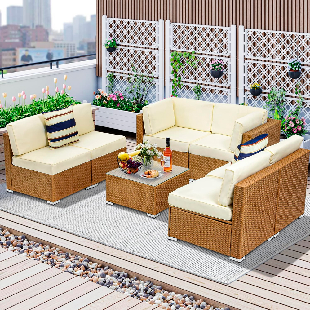 Ilios Innova Juego de sala esquinera para jardín de mimbre exteriores para 6 Beige incluye 3 sofás para exterior con cojines impermeables y 1 mesa centro de cristal templado