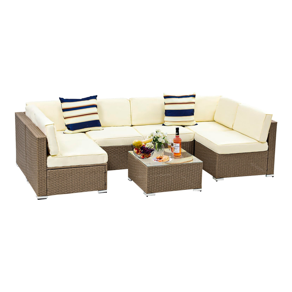 Ilios Innova Juego de sala esquinera para jardín de mimbre exteriores para 6 Beige incluye 3 sofás para exterior con cojines impermeables y 1 mesa centro de cristal templado