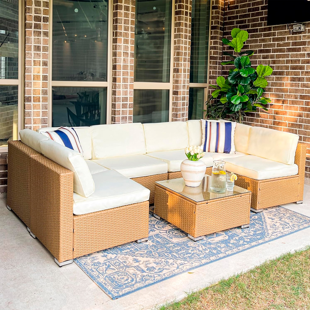 Ilios Innova Juego de sala esquinera para jardín de mimbre exteriores para 6 Beige incluye 3 sofás para exterior con cojines impermeables y 1 mesa centro de cristal templado