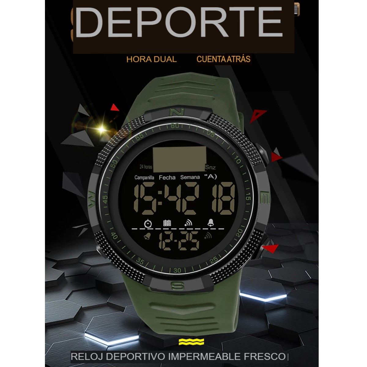 Reloj deportivo sumergible verde pulsera digital contra golpes alarma ...