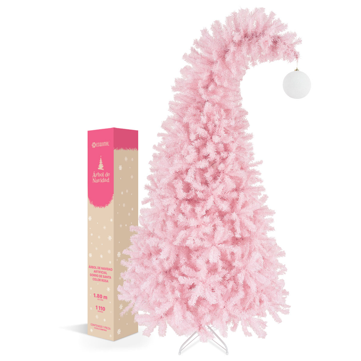 Árbol de Navidad Gorro de Santa con Punta Flexible + Esfera 1.8 Rosa para ESQUIMAL