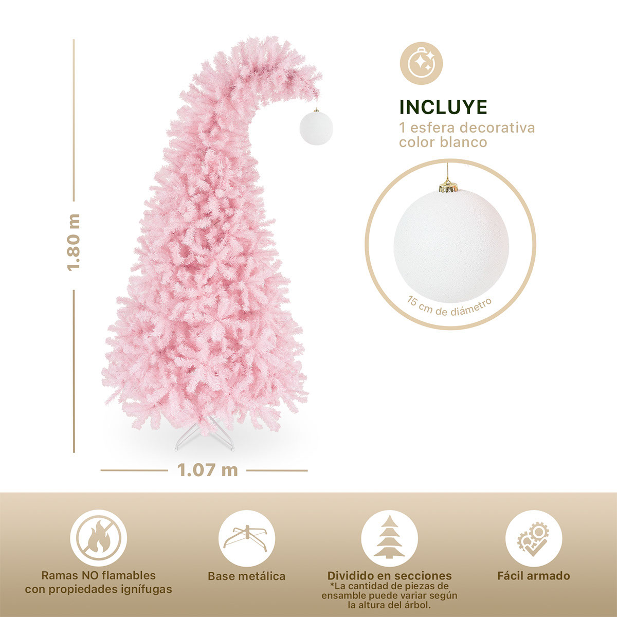 Árbol de Navidad Gorro de Santa con Punta Flexible + Esfera 1.8 Rosa para ESQUIMAL