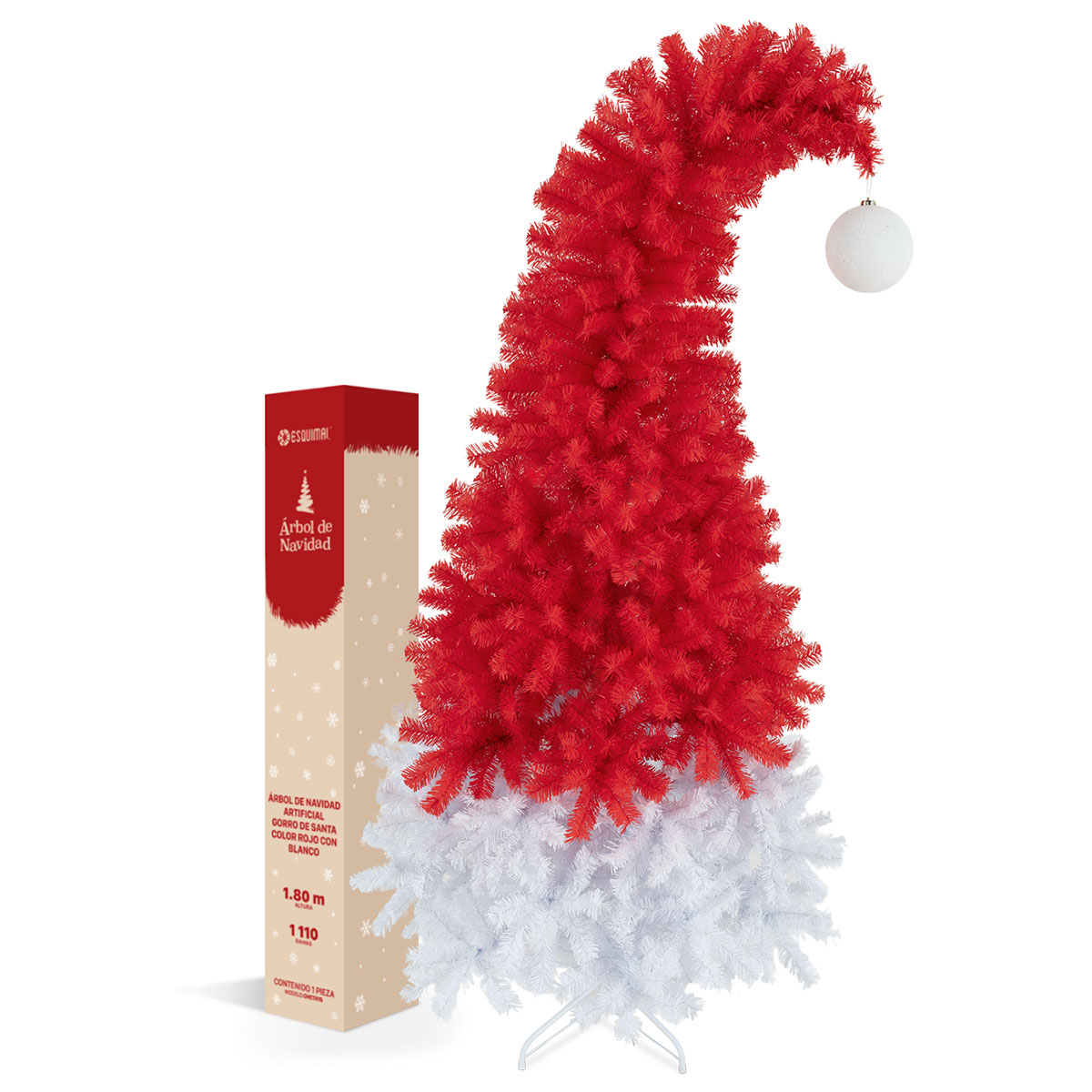 Árbol de Navidad Gorro de Santa con Punta Flexible + Esfera 1.8 Rojo / Blanco para ESQUIMAL