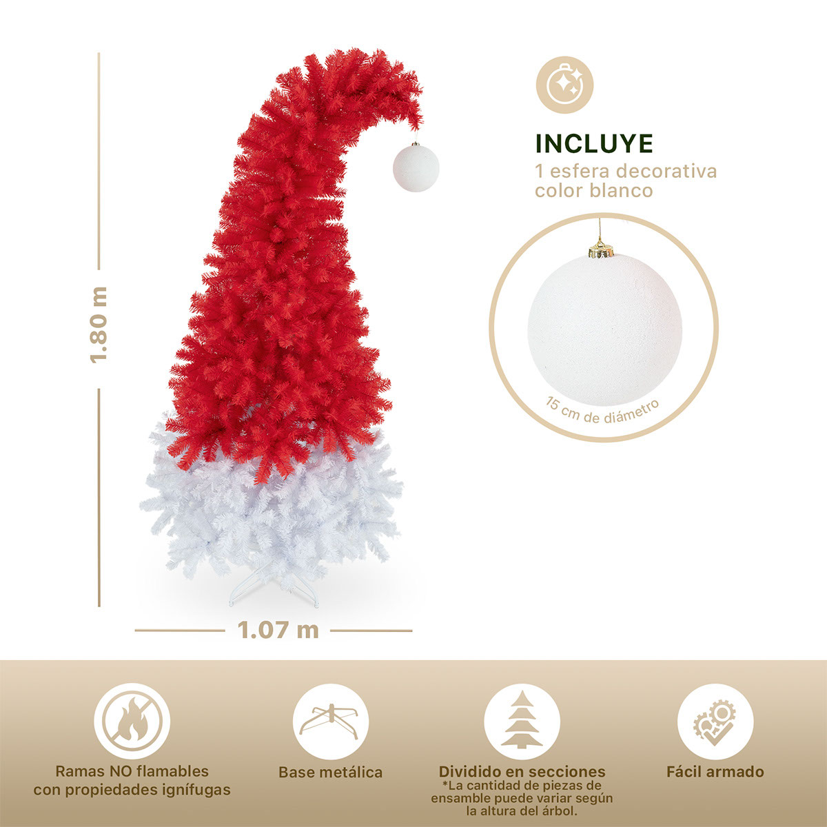 Árbol de Navidad Gorro de Santa con Punta Flexible + Esfera 1.8 Rojo / Blanco para ESQUIMAL