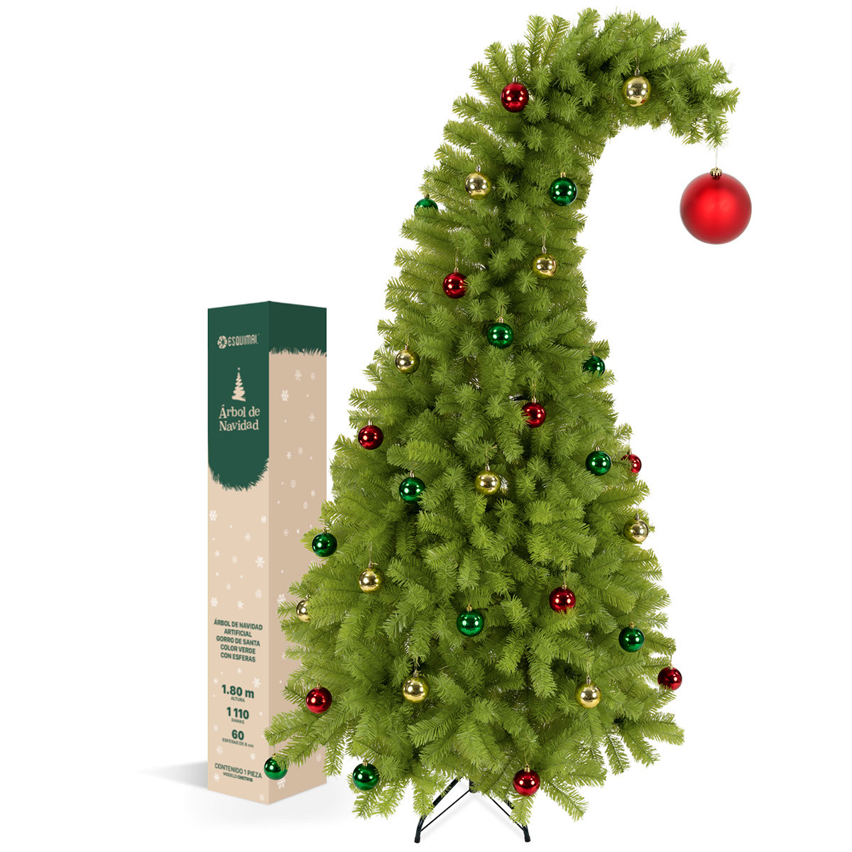 Árbol de Navidad Gorro de Santa con Punta Flexible + Esferas 1.8 Verde para ESQUIMAL