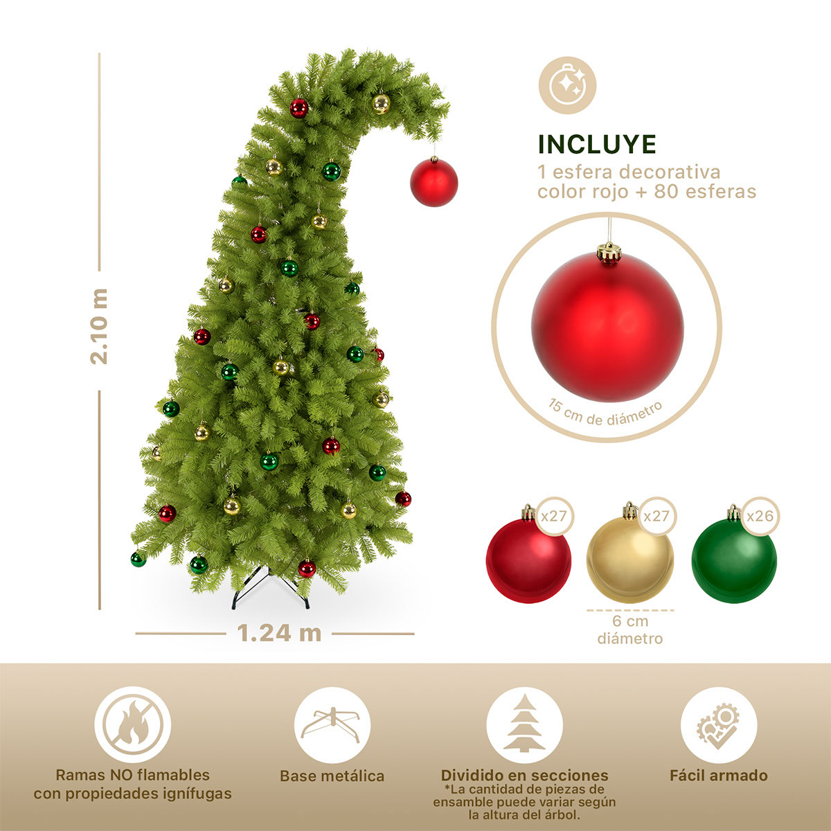 Árbol de Navidad Gorro de Santa con Punta Flexible + Esferas 2.1 Verde para ESQUIMAL