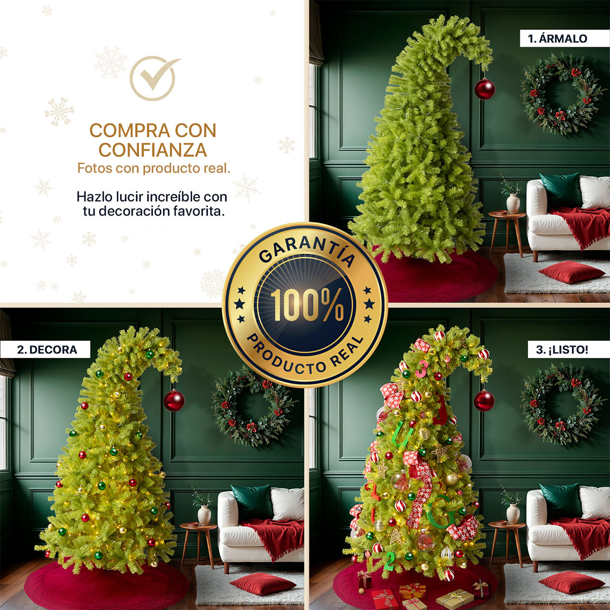 Árbol de Navidad Gorro de Santa con Punta Flexible + Esferas 2.1 Verde para ESQUIMAL