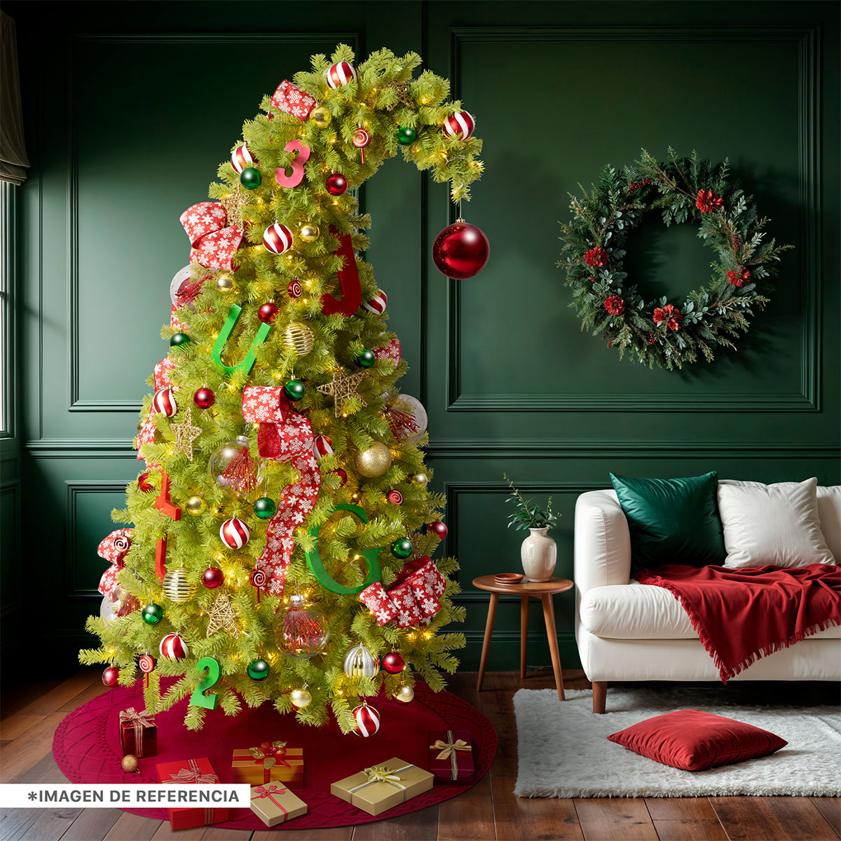 Árbol de Navidad Gorro de Santa con Punta Flexible + Esferas 2.1 Verde para ESQUIMAL