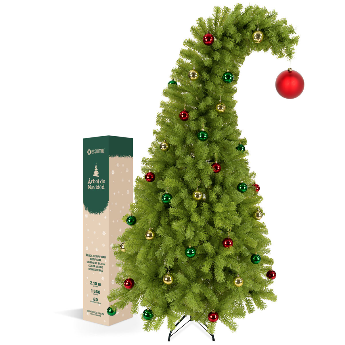 Árbol de Navidad Gorro de Santa con Punta Flexible + Esferas 2.1 Verde para ESQUIMAL