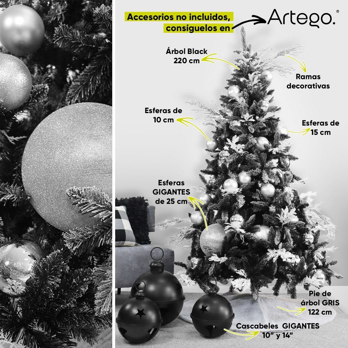 Árbol De Navidad semi Nevado Negro con ramas blancas Black Spruce Premium Pino Navideño 220 Cm De Alto con maleta transportadora Christmas Tree Artego