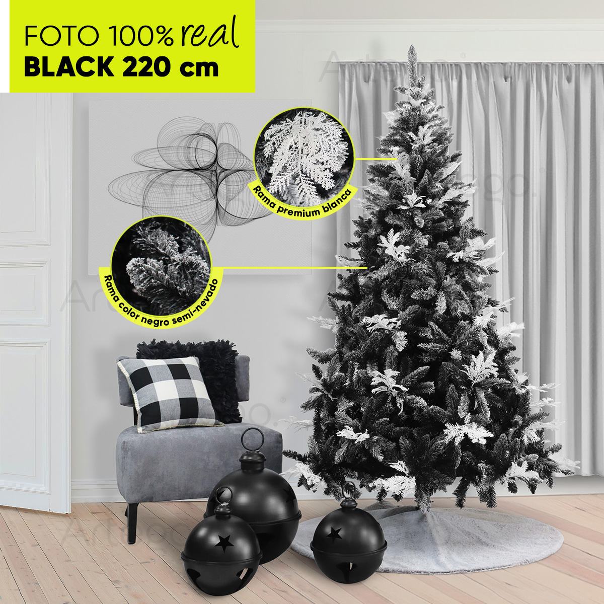 Árbol De Navidad semi Nevado Negro con ramas blancas Black Spruce Premium Pino Navideño 220 Cm De Alto con maleta transportadora Christmas Tree Artego