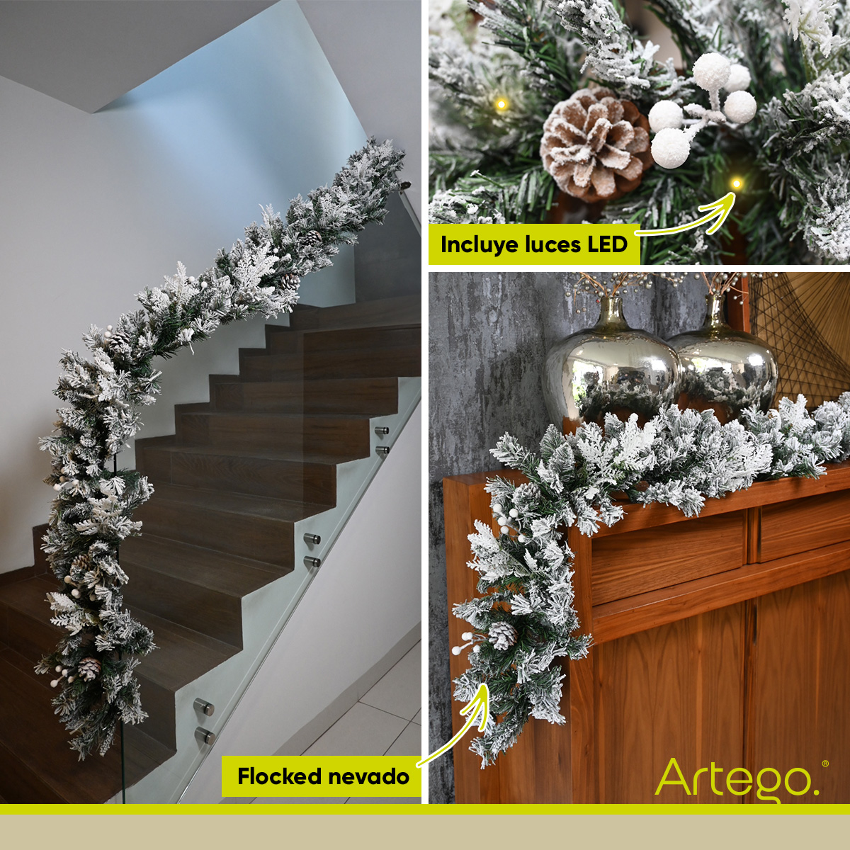 Guirnalda de Navidad Arctic Decorativa Navideña 270cm con Luces LED Nevada con berries y piñas Natural Decoración Realista Chimeneas Escaleras Repisa Pared Christmas Garland with lights