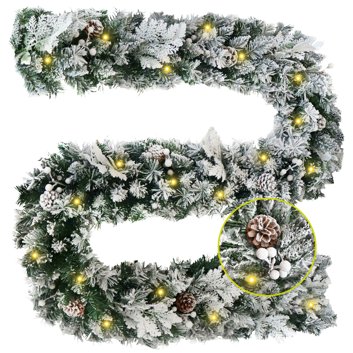 Guirnalda de Navidad Arctic Decorativa Navideña 270cm con Luces LED Nevada con berries y piñas Natural Decoración Realista Chimeneas Escaleras Repisa Pared Christmas Garland with lights