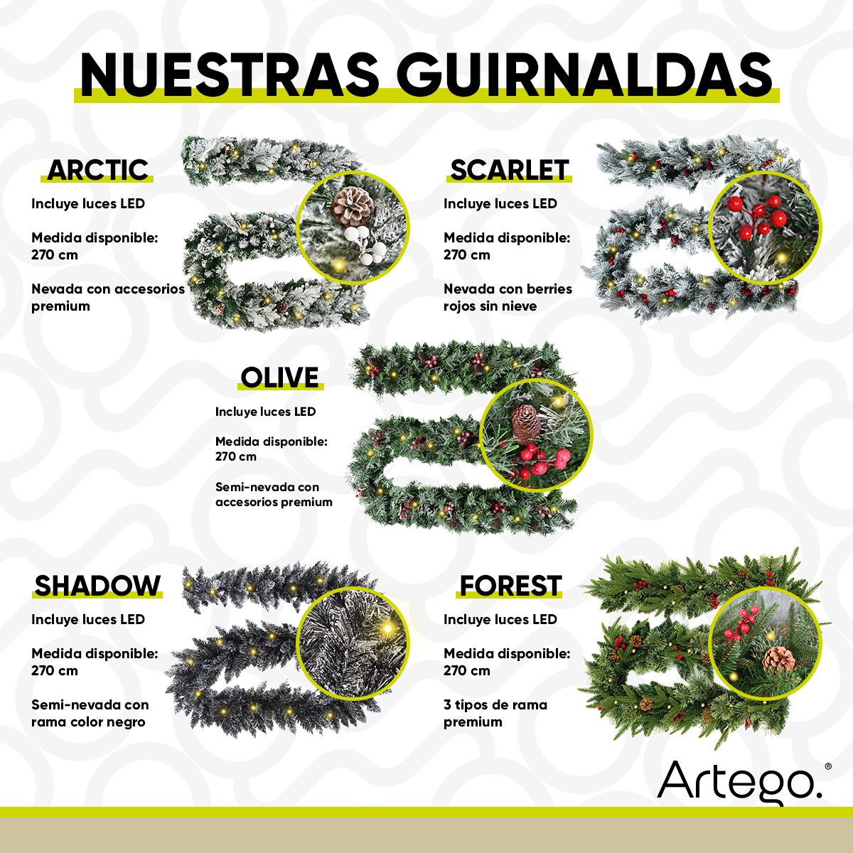 Guirnalda de Navidad Arctic Decorativa Navideña 270cm con Luces LED Nevada con berries y piñas Natural Decoración Realista Chimeneas Escaleras Repisa Pared Christmas Garland with lights