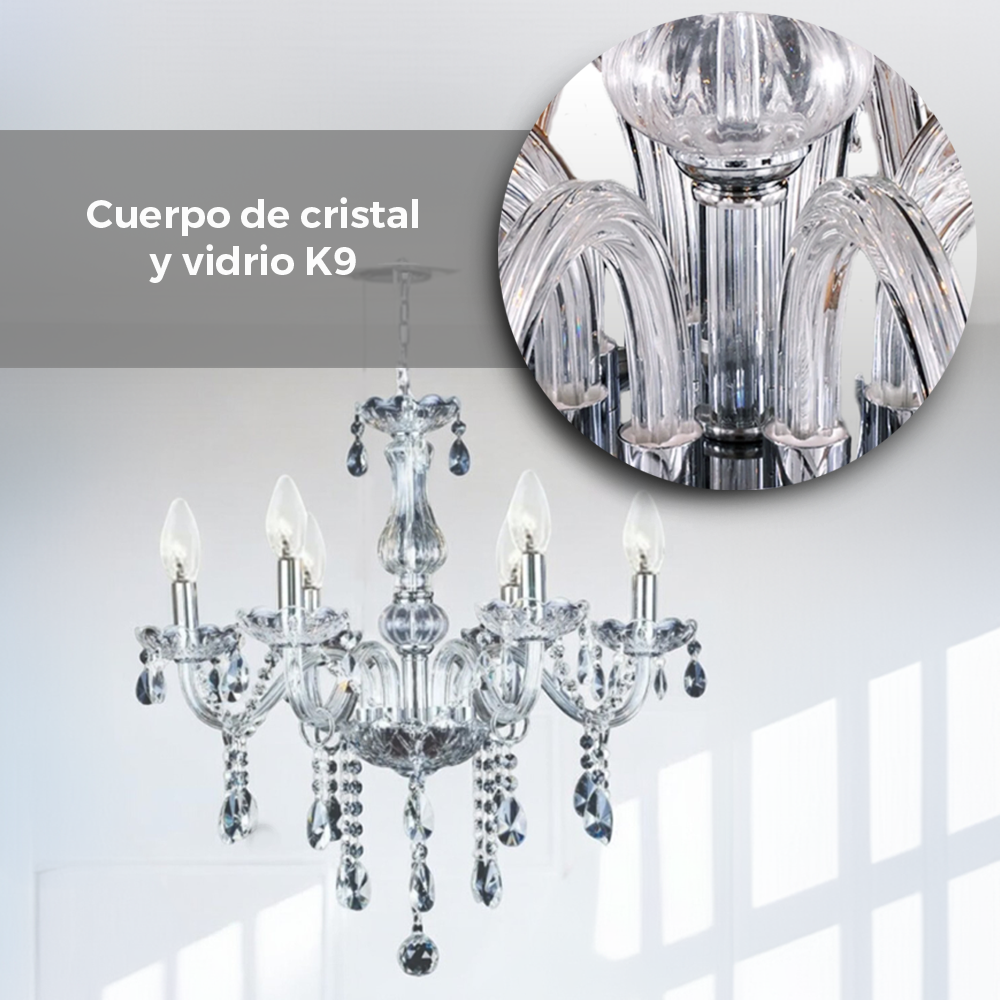 Lámpara Candil De Cristal Candelabro 6 Focos Elegante