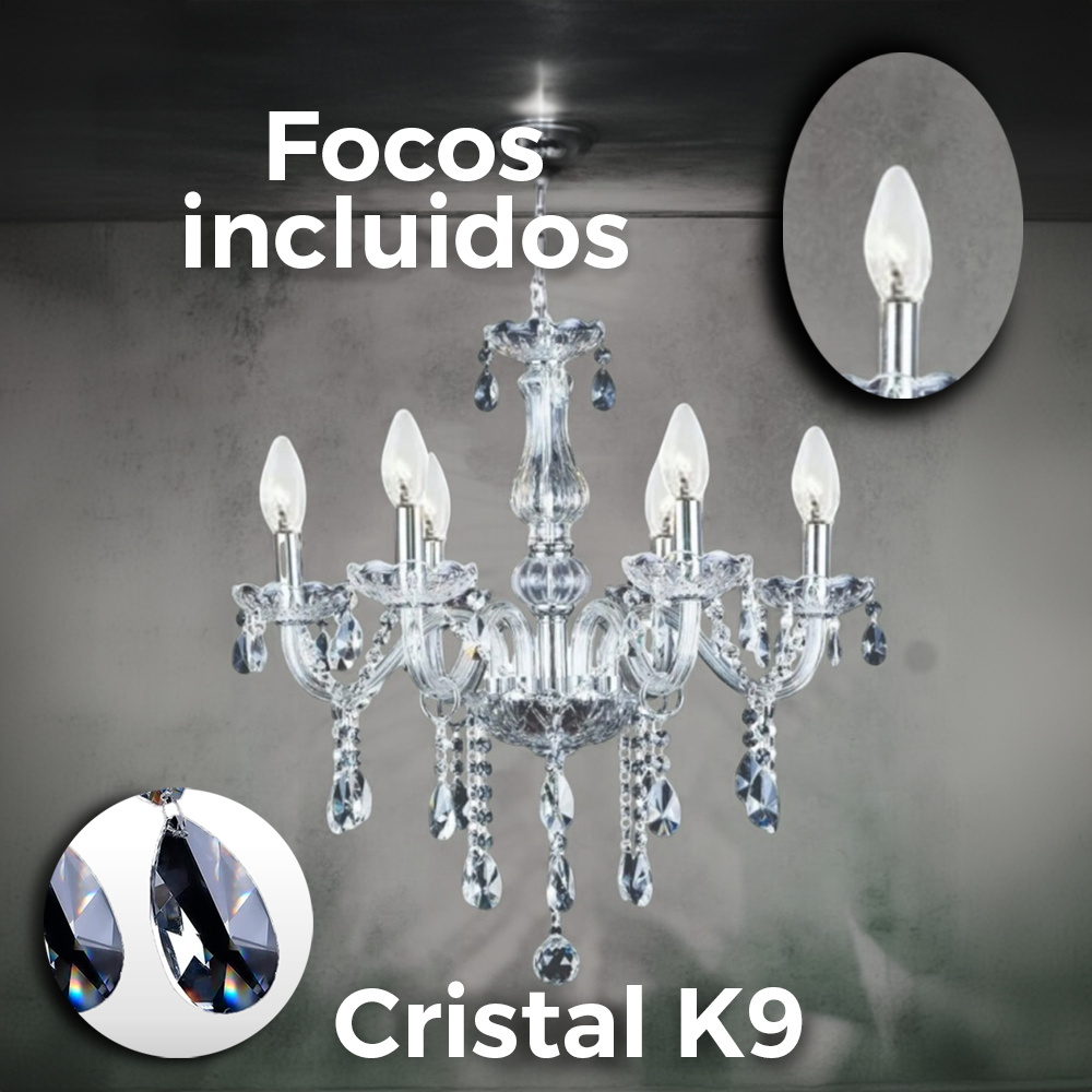 Lámpara Candil De Cristal Candelabro 6 Focos Elegante
