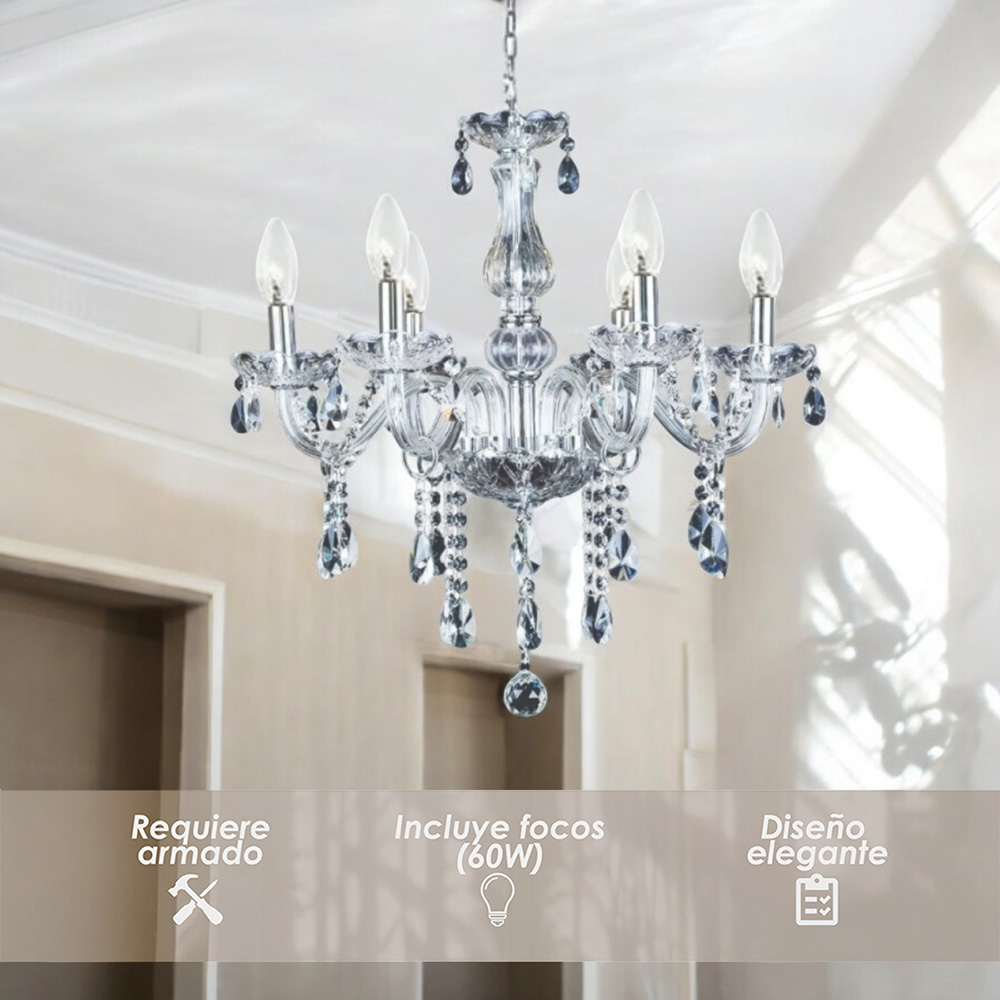 Lámpara Candil De Cristal Candelabro 6 Focos Elegante